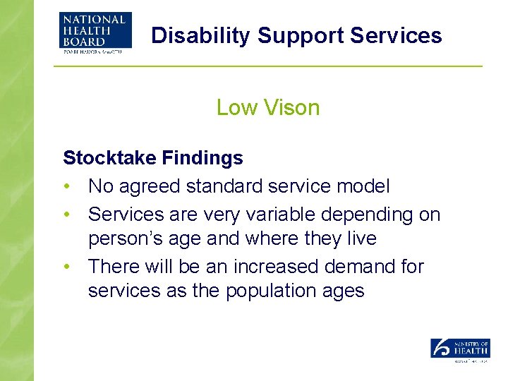 Disability Support Services Low Vison Stocktake Findings • No agreed standard service model •