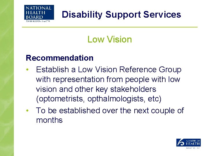 Disability Support Services Low Vision Recommendation • Establish a Low Vision Reference Group with