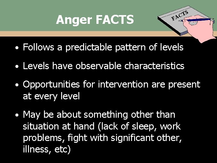 Anger FACTS TS C A F • Follows a predictable pattern of levels •