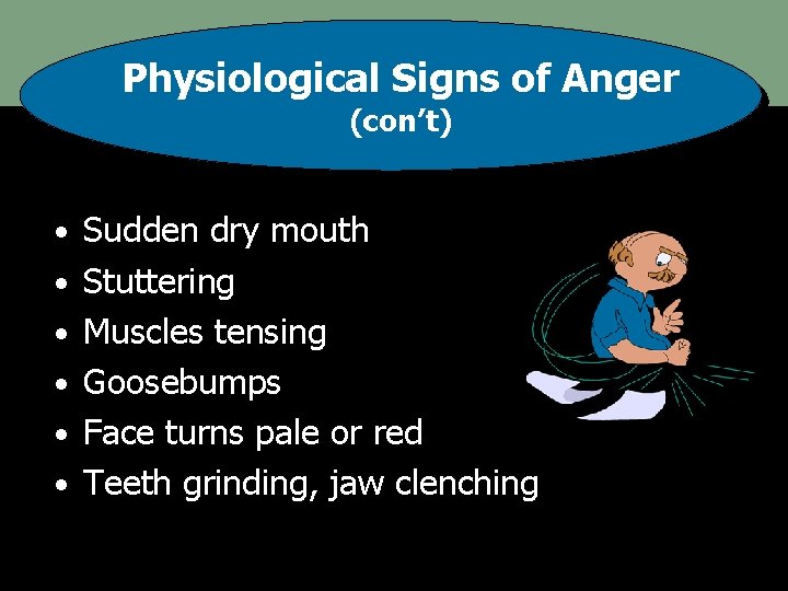 Physiological Signs of Anger (con’t) • Sudden dry mouth • Stuttering • Muscles tensing