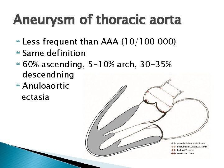 Aneurysm of thoracic aorta Less frequent than AAA (10/100 000) Same definition 60% ascending,