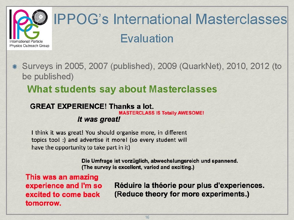IPPOG’s International Masterclasses Evaluation Surveys in 2005, 2007 (published), 2009 (Quark. Net), 2010, 2012