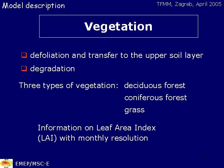 Model description TFMM, Zagreb, April 2005 Vegetation q defoliation and transfer to the upper