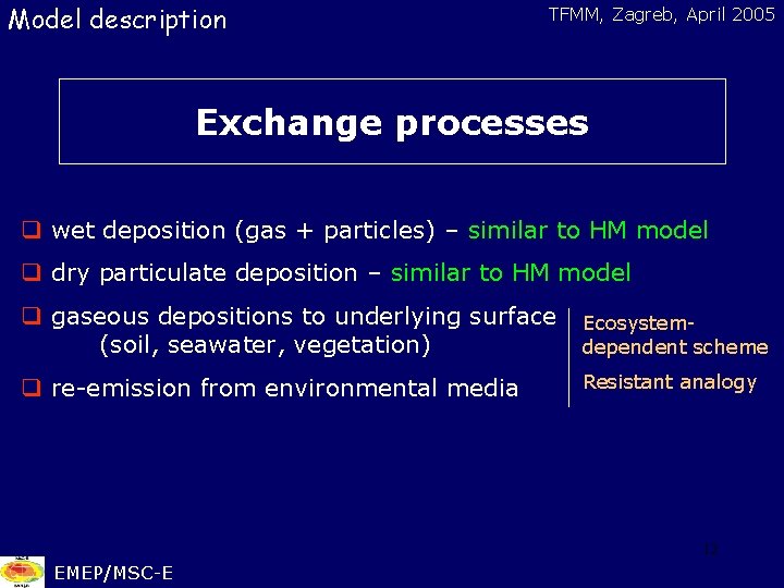 Model description TFMM, Zagreb, April 2005 Exchange processes q wet deposition (gas + particles)