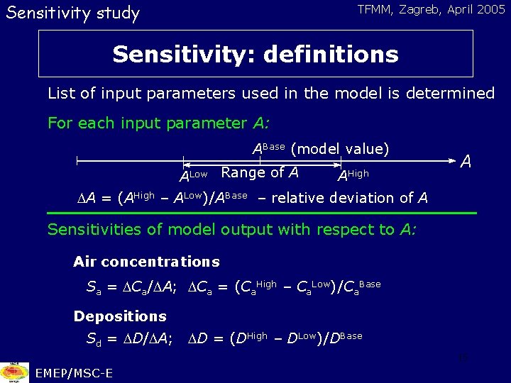Sensitivity study TFMM, Zagreb, April 2005 Sensitivity: definitions List of input parameters used in