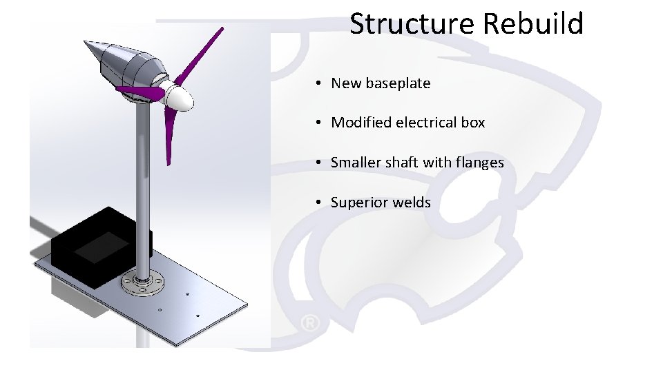 Structure Rebuild • New baseplate • Modified electrical box • Smaller shaft with flanges