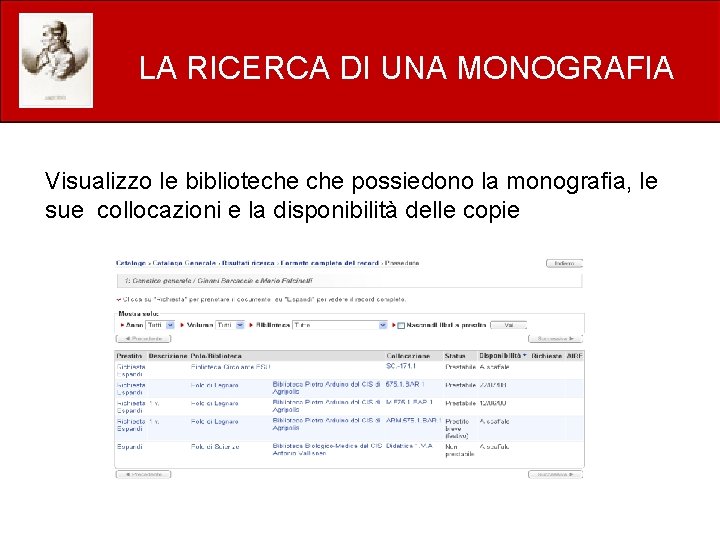 LA RICERCA DI UNA MONOGRAFIA Visualizzo le biblioteche possiedono la monografia, le sue collocazioni