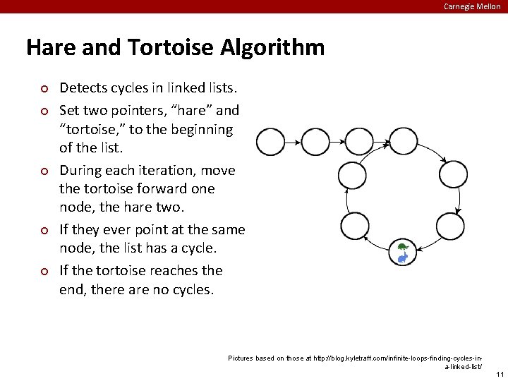 Carnegie Mellon Hare and Tortoise Algorithm ¢ ¢ ¢ Detects cycles in linked lists.