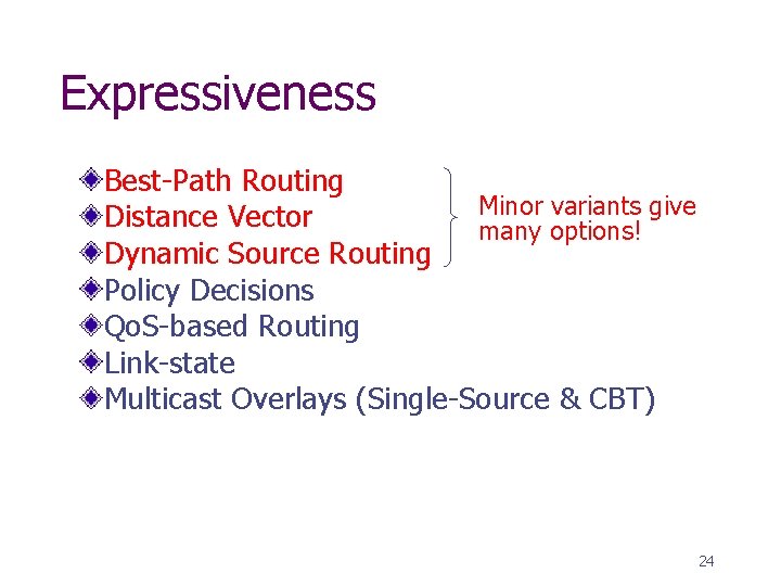 Expressiveness Best-Path Routing Minor variants give Distance Vector many options! Dynamic Source Routing Policy