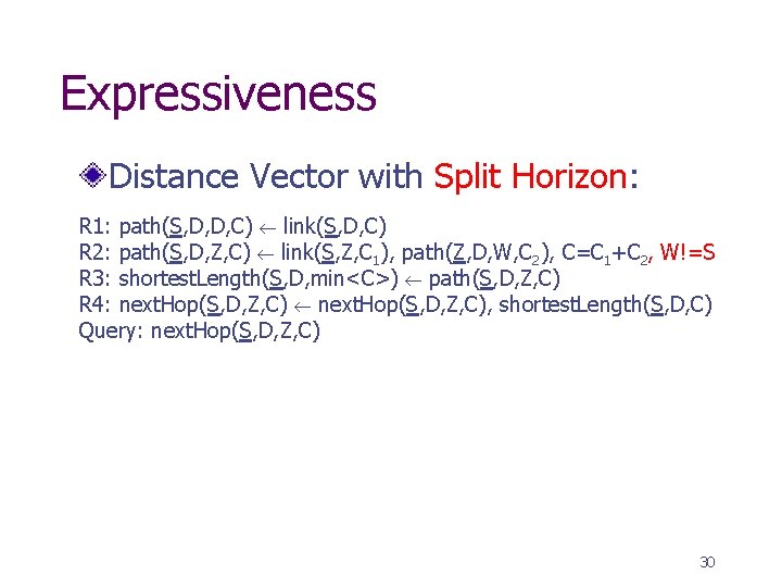 Expressiveness Distance Vector with Split Horizon: R 1: path(S, D, D, C) link(S, D,