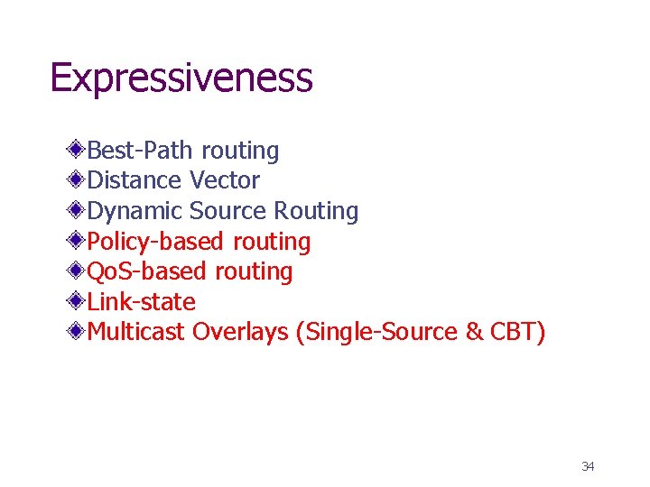 Expressiveness Best-Path routing Distance Vector Dynamic Source Routing Policy-based routing Qo. S-based routing Link-state