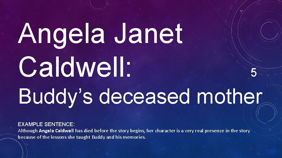 Angela Janet Caldwell: 5 Buddy’s deceased mother EXAMPLE SENTENCE: Although Angela Caldwell has died