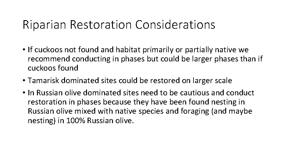 Riparian Restoration Considerations • If cuckoos not found and habitat primarily or partially native