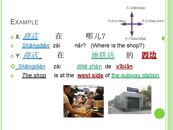 EXAMPLE X: 商店 Shāngdiàn zài Y: 商店 Shāngdiàn 在 The shop 在 zài 哪儿？”