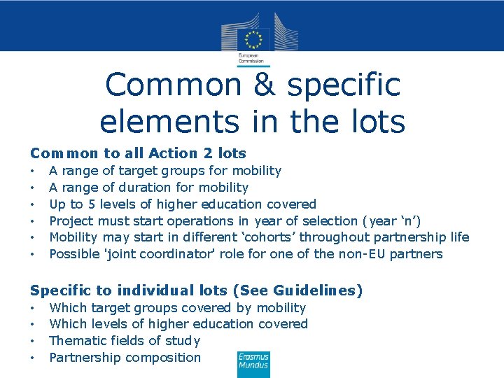 Common & specific elements in the lots Common to all Action 2 lots •