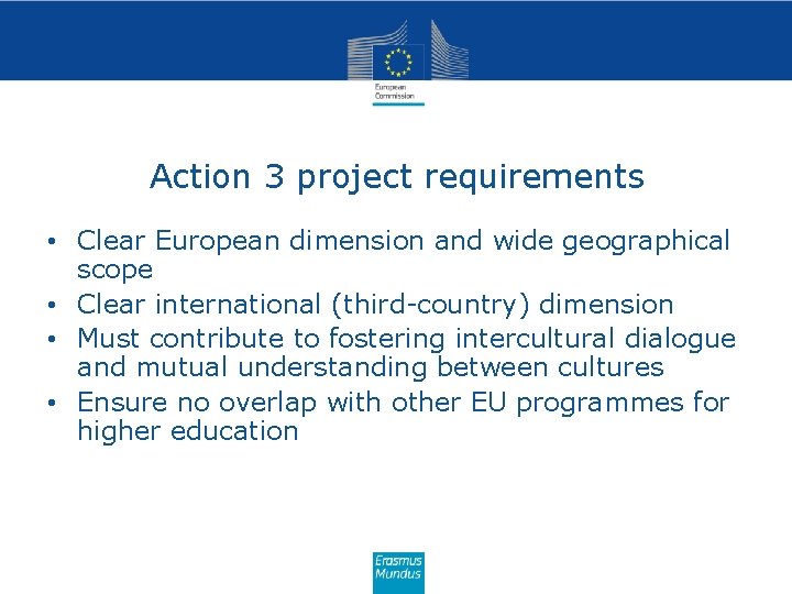 Action 3 project requirements • Clear European dimension and wide geographical scope • Clear