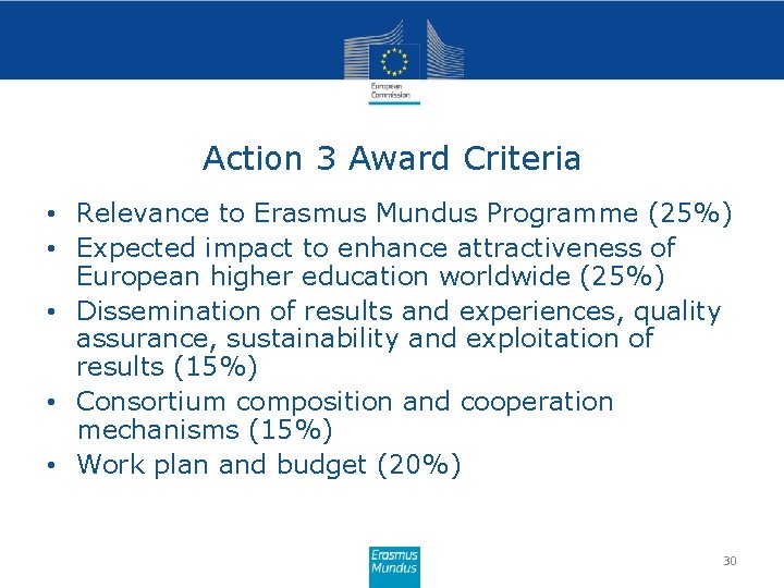 Action 3 Award Criteria • Relevance to Erasmus Mundus Programme (25%) • Expected impact