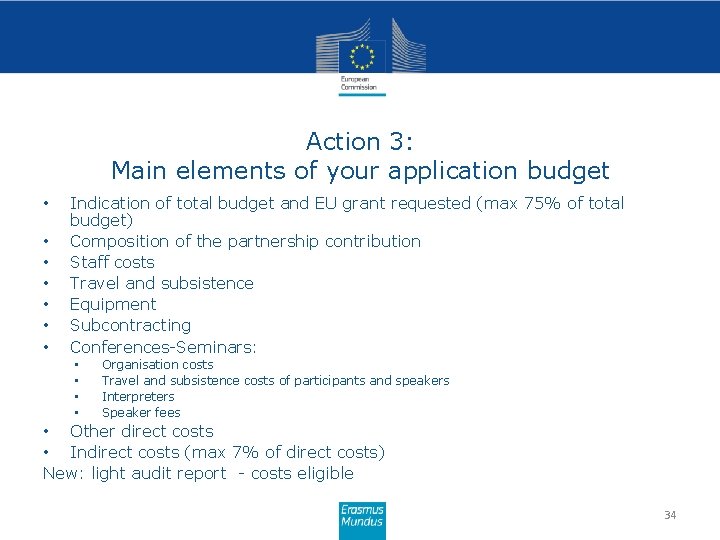 Action 3: Main elements of your application budget • • Indication of total budget