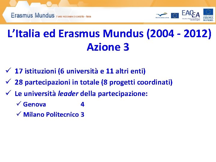 L’Italia ed Erasmus Mundus (2004 - 2012) Azione 3 ü 17 istituzioni (6 università