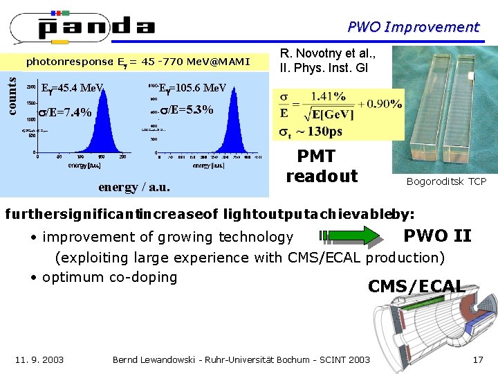 PWO Improvement counts photonresponse: Eg = 45 -770 Me. V@MAMI Eg=45. 4 Me. V