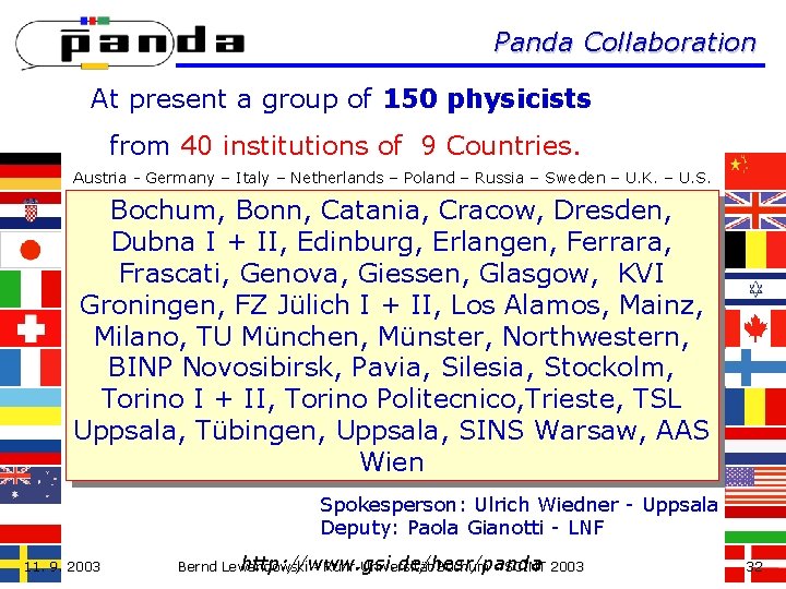 Panda Collaboration At present a group of 150 physicists from 40 institutions of 9
