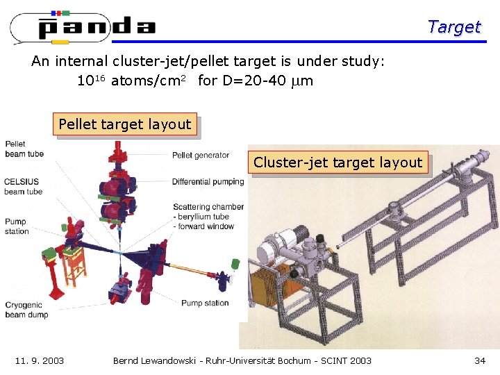 Target An internal cluster-jet/pellet target is under study: 1016 atoms/cm 2 for D=20 -40