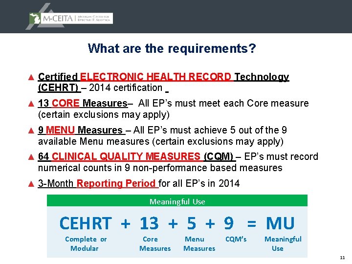 What are the requirements? ▲ Certified ELECTRONIC HEALTH RECORD Technology (CEHRT) – 2014 certification