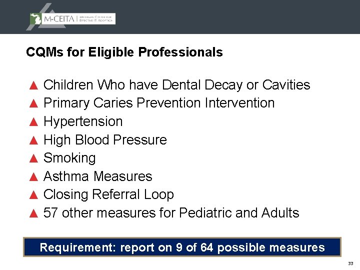 CQMs for Eligible Professionals ▲ ▲ ▲ ▲ Children Who have Dental Decay or