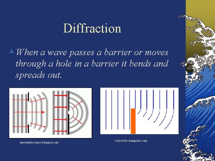 Diffraction ©When a wave passes a barrier or moves through a hole in a