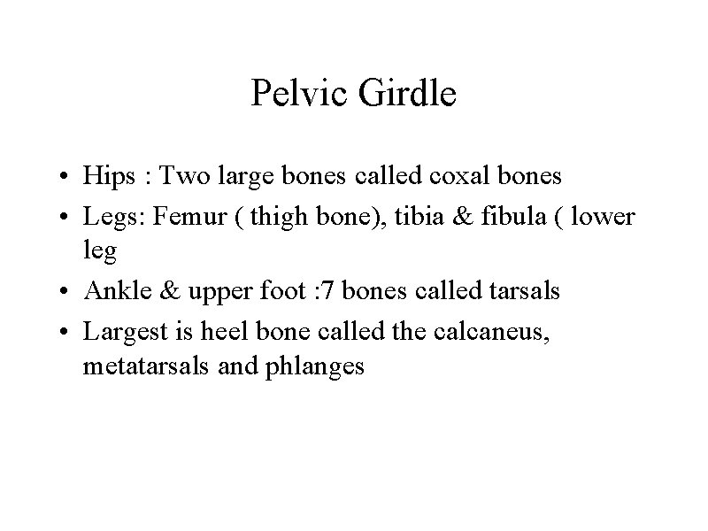 Pelvic Girdle • Hips : Two large bones called coxal bones • Legs: Femur