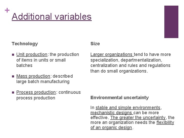 + Additional variables Technology n Unit production: the production of items in units or