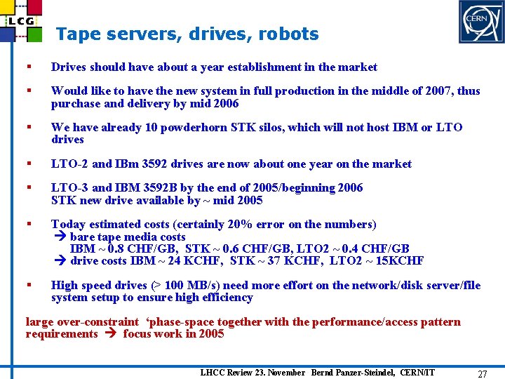 Tape servers, drives, robots § Drives should have about a year establishment in the