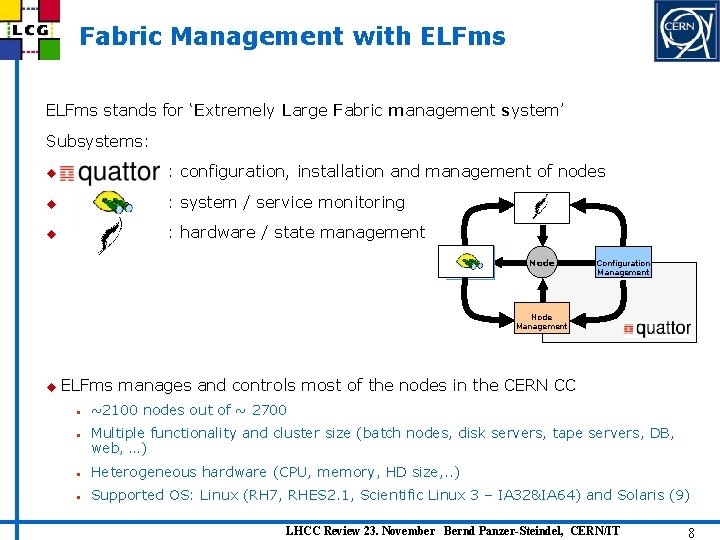 Fabric Management with ELFms stands for ‘Extremely Large Fabric management system’ Subsystems: u :