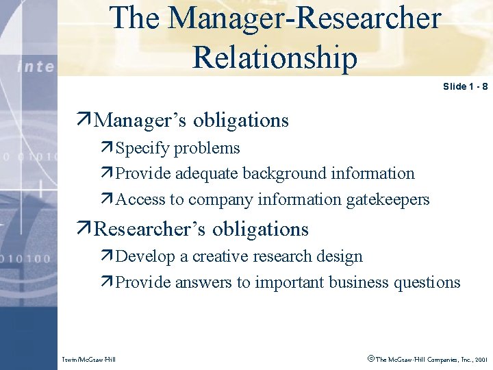 The Manager-Researcher Click to edit Master title style Relationship Slide 1 - 8 ä