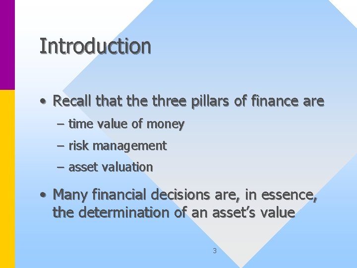 Introduction • Recall that the three pillars of finance are – time value of