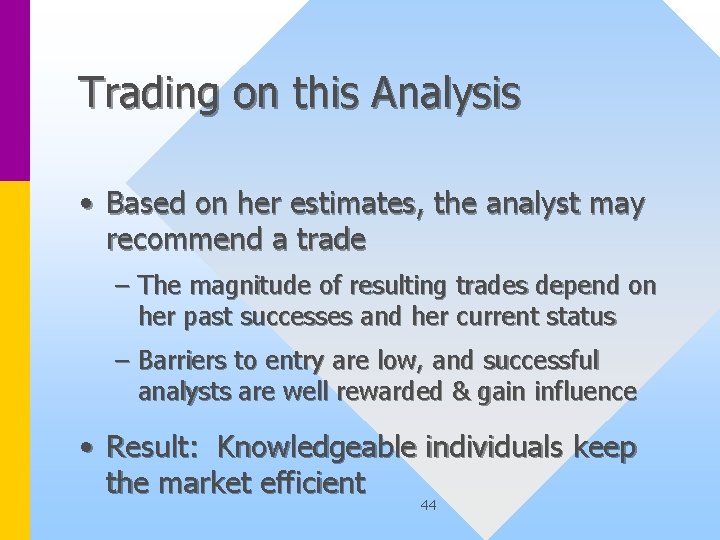 Trading on this Analysis • Based on her estimates, the analyst may recommend a