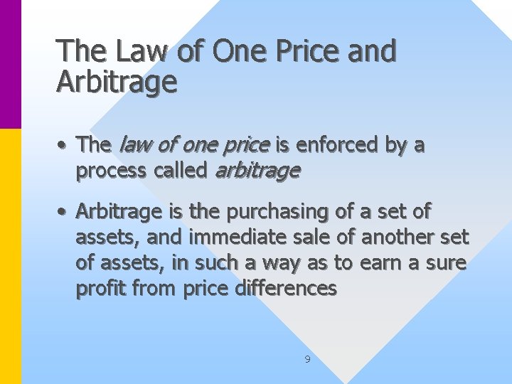 The Law of One Price and Arbitrage • The law of one price is
