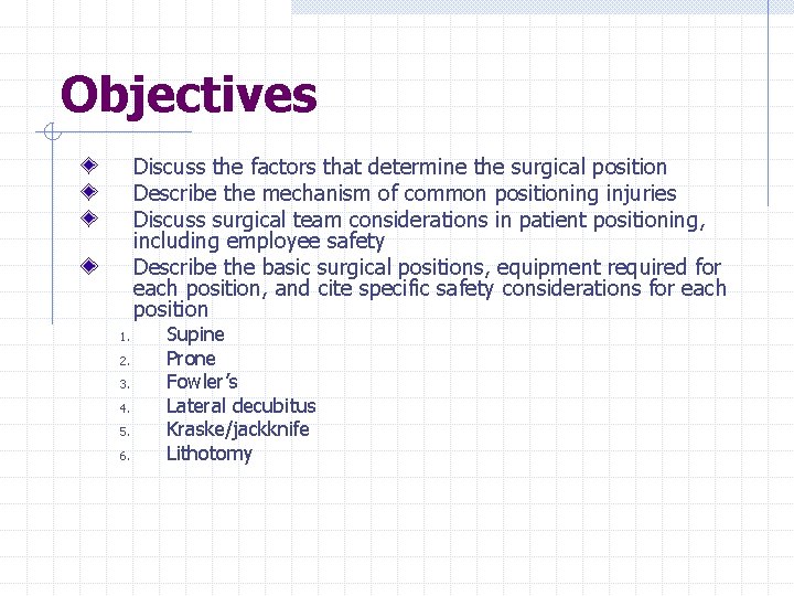 Objectives Discuss the factors that determine the surgical position Describe the mechanism of common