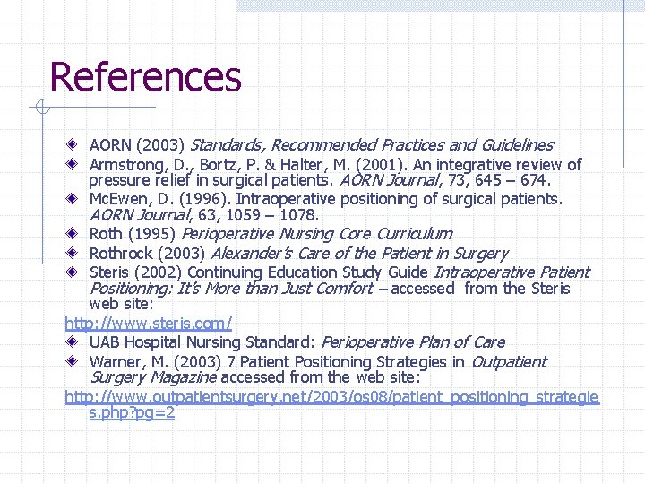 References AORN (2003) Standards, Recommended Practices and Guidelines Armstrong, D. , Bortz, P. &