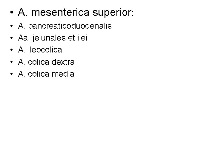  • A. mesenterica superior: • • • A. pancreaticoduodenalis Aa. jejunales et ilei