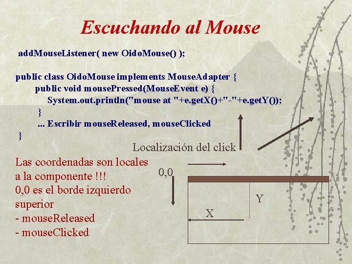 Escuchando al Mouse add. Mouse. Listener( new Oido. Mouse() ); public class Oido. Mouse