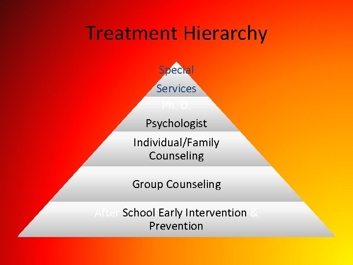 Treatment Hierarchy Special Services Ph. D. Psychologist Individual/Family Counseling Group Counseling After School Early