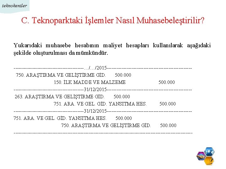 teknokentler C. Teknoparktaki İşlemler Nasıl Muhasebeleştirilir? Yukarıdaki muhasebe hesabının maliyet hesapları kullanılarak aşağıdaki şekilde