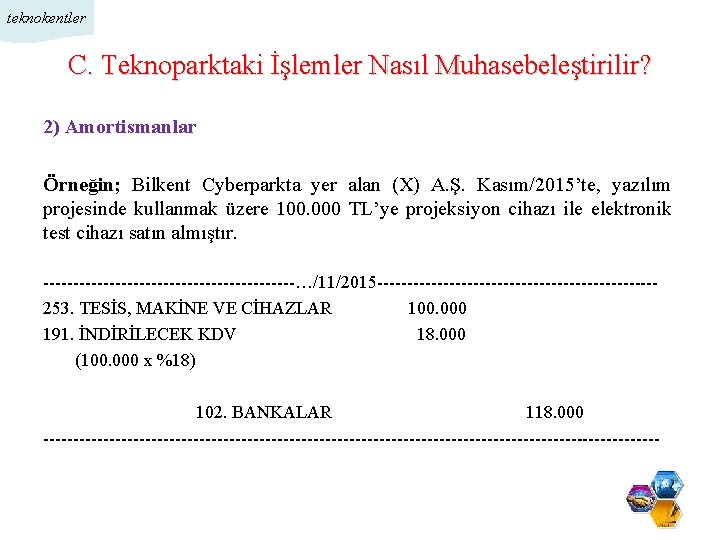 teknokentler C. Teknoparktaki İşlemler Nasıl Muhasebeleştirilir? 2) Amortismanlar Örneğin; Bilkent Cyberparkta yer alan (X)