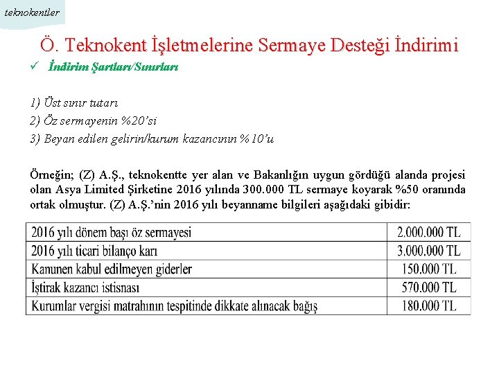teknokentler Ö. Teknokent İşletmelerine Sermaye Desteği İndirimi ü İndirim Şartları/Sınırları 1) Üst sınır tutarı