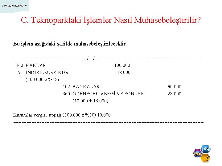 teknokentler C. Teknoparktaki İşlemler Nasıl Muhasebeleştirilir? Bu işlem aşağıdaki şekilde muhasebeleştirilecektir. ---------------------…/…/…------------------------------- 260. HAKLAR