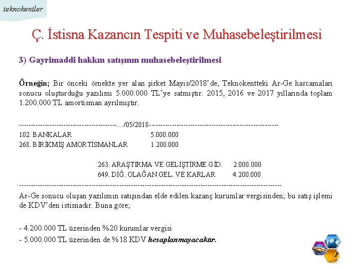 teknokentler Ç. İstisna Kazancın Tespiti ve Muhasebeleştirilmesi 3) Gayrimaddi hakkın satışının muhasebeleştirilmesi Örneğin; Bir