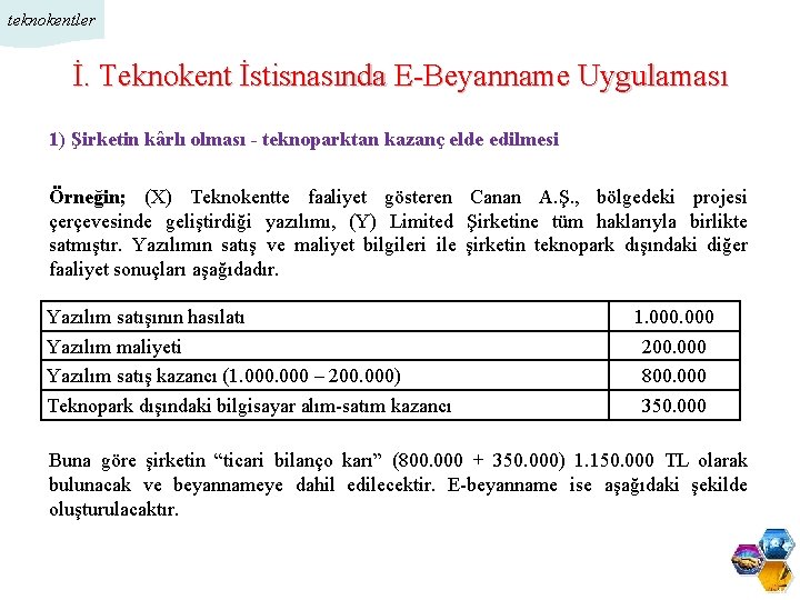 teknokentler İ. Teknokent İstisnasında E-Beyanname Uygulaması 1) Şirketin kârlı olması - teknoparktan kazanç elde