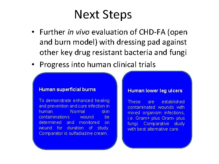 Next Steps • Further in vivo evaluation of CHD-FA (open and burn model) with