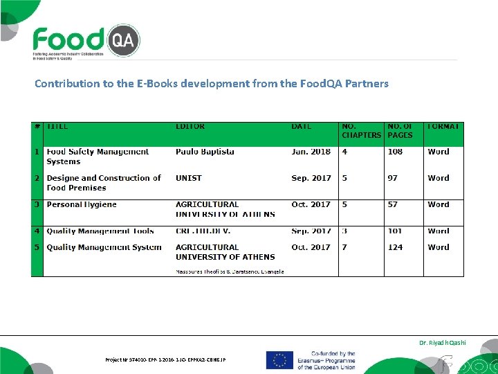 Contribution to the E-Books development from the Food. QA Partners Dr. Riyadh Qashi Project